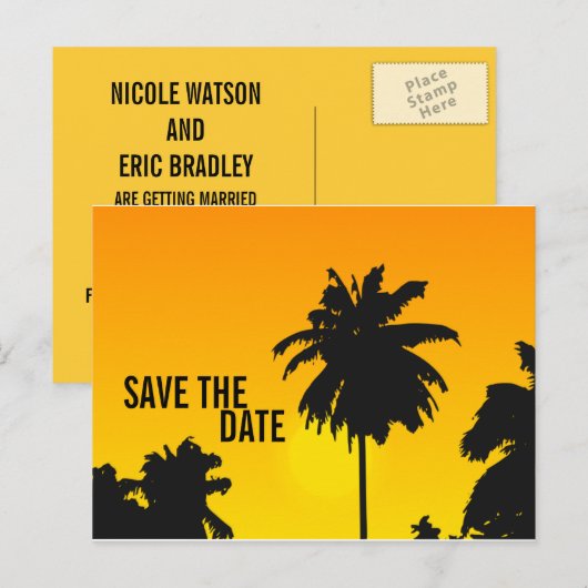 Sla de datumkaarten op Palm Trees Sun Aankondigingskaart (Voorkant / Achterkant)