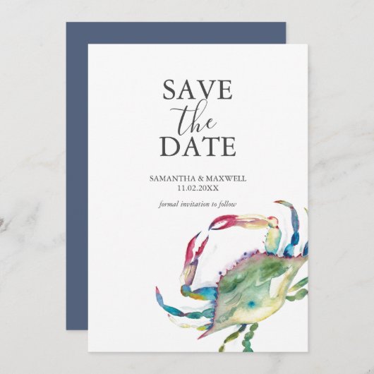 Sla de datumkaarten Waterverf blauwe krab op Save The Date (Voorkant / Achterkant)