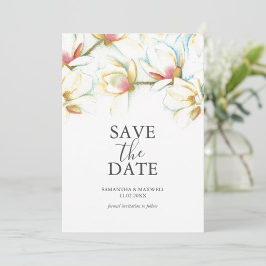 Sla de datumkaarten wit magnolia bloemen save the date (Staand voorkant)