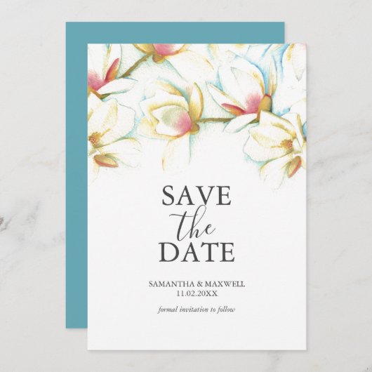 Sla de datumkaarten wit magnolia bloemen save the date (Voorkant / Achterkant)