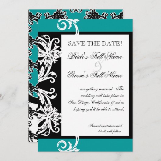 Sla de datums op - Zwart-wit Blauwgroen hartletje Save The Date (Voorkant / Achterkant)