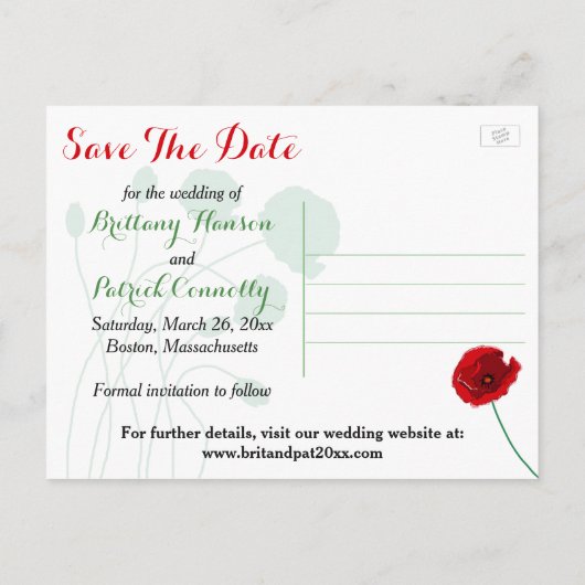 Sla het Briefkaart Datum op | rode papaver | Groen (Achterkant)