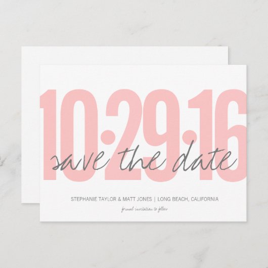 Sla het Date Briefkaart, Grote Datum, blush roze Aankondigingskaart (Voorkant / Achterkant)