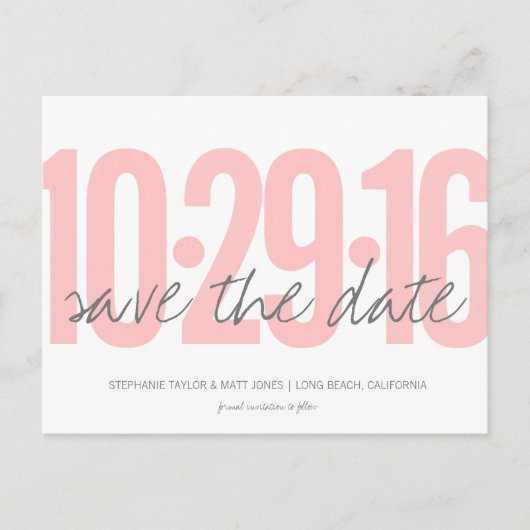 Sla het Date Briefkaart, Grote Datum, blush roze Aankondigingskaart (Voorkant)