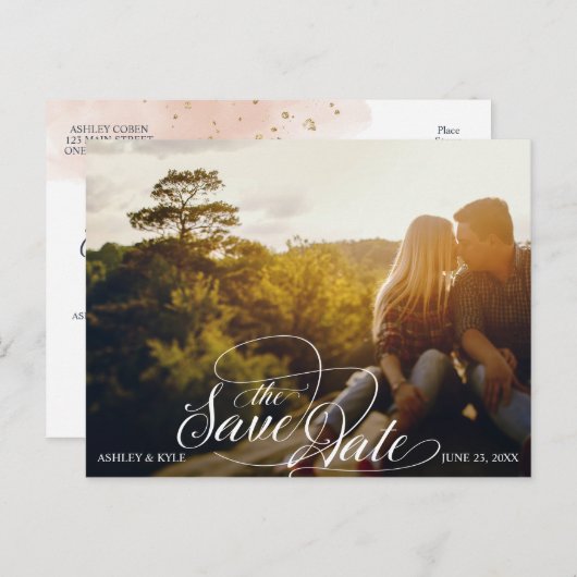 Sla het Date briefkaart op in Navy, Blush en Gold (Voorkant / Achterkant)