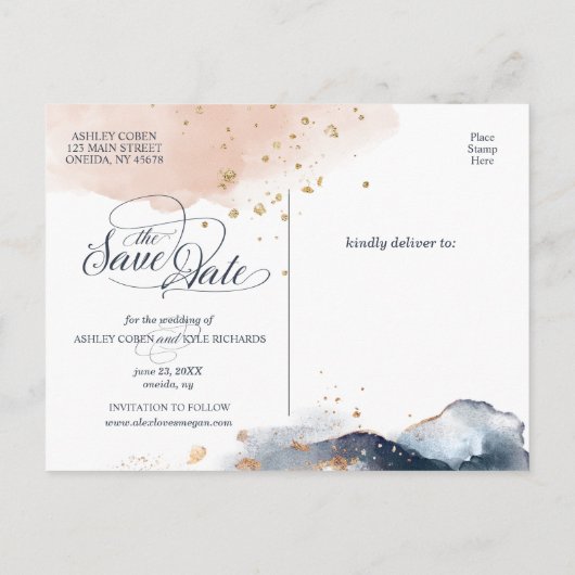 Sla het Date briefkaart op in Navy, Blush en Gold (Achterkant)