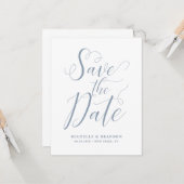 Sla het Date Dusty Blue Modern Script op Kaart (Voorkant / Achterkant in situ)