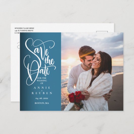 Sla het Date Elegant White Script Photo Briefkaart (Voorkant / Achterkant)