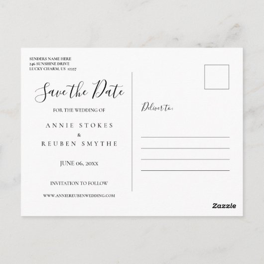 Sla het Date Elegant White Script Photo Briefkaart (Achterkant)