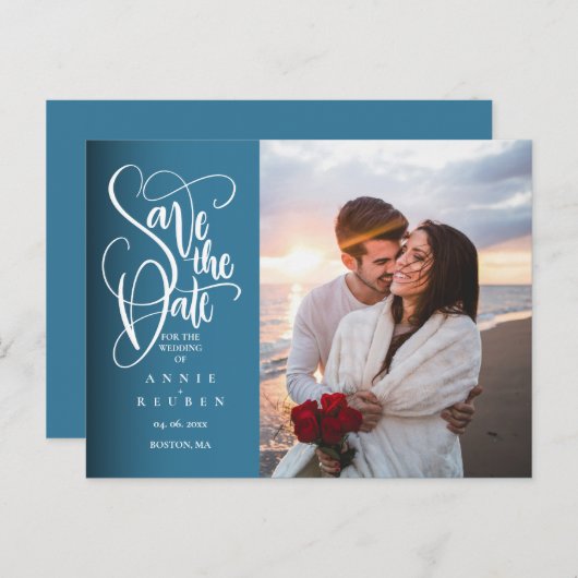 Sla het Date Elegant White Script Photo Briefkaart (Voorkant / Achterkant)