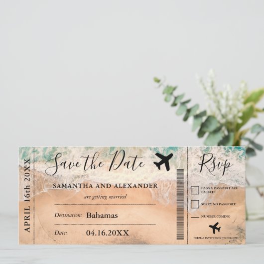 Sla het datumscript tropische instapkaart op save the date (Staand voorkant)