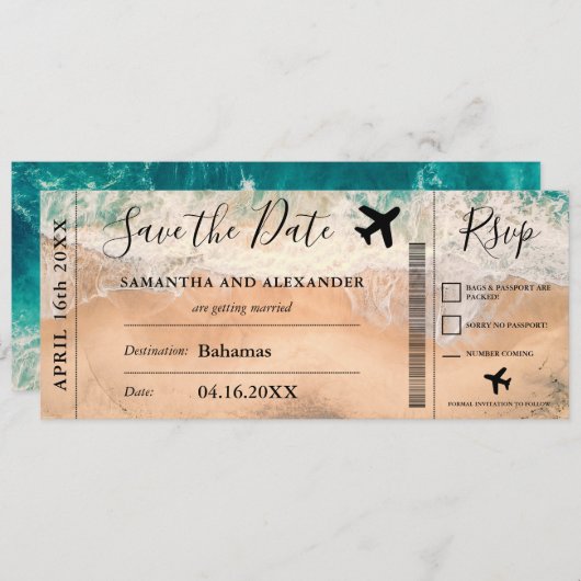 Sla het datumscript tropische instapkaart op save the date (Voorkant / Achterkant)