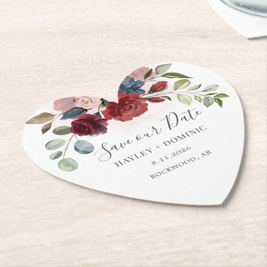 Sla ons datumscript Bourgogne Floral op Kartonnen Onderzetters (Gekanteld)