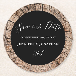 Sla onze date Wood Grain Rustic Wedding op Ronde Kartonnen Onderzetter