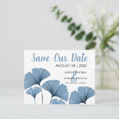 Sla onze datum blauwe en witte bruiloft op aankondigingskaart (Staand voorkant)