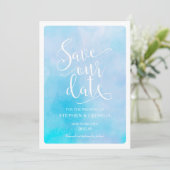 Sla onze datum bruiloft uitnodigingen blauw waterv (Staand voorkant)