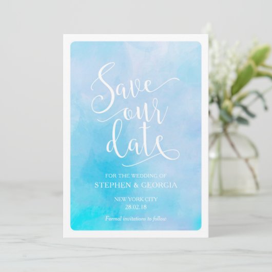 Sla onze datum bruiloft uitnodigingen blauw waterv (Staand voorkant)