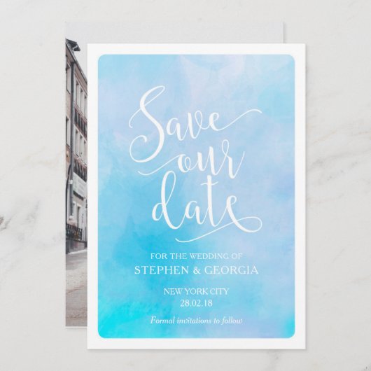 Sla onze datum bruiloft uitnodigingen blauw waterv (Voorkant / Achterkant)