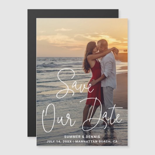 Sla onze datum elegante script foto Bewaar de datu Magnetische Uitnodiging (Voorkant / Achterkant)