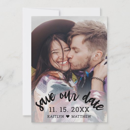 Sla onze datum foto modern script bruiloft save the date (Voorkant)