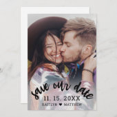 Sla onze datum foto modern script bruiloft save the date (Voorkant / Achterkant)
