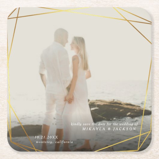 Sla onze datum Geometrische gouden prisma foto Lij Kartonnen Onderzetters (Voorkant)