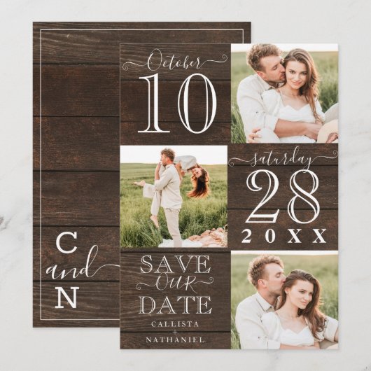 Sla onze datum houten monogram foto op save the date (Voorkant / Achterkant)