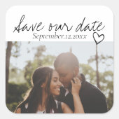 Sla onze datum met handgeschreven persoonlijke fot vierkante sticker (Voorkant)