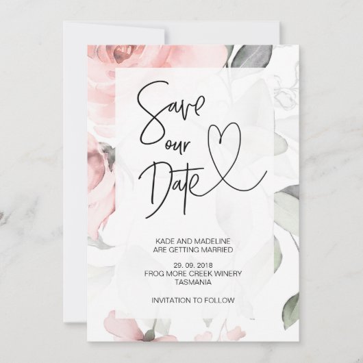 Sla onze datum op met de roze Floral Elegant Wedde Kaart (Voorkant)