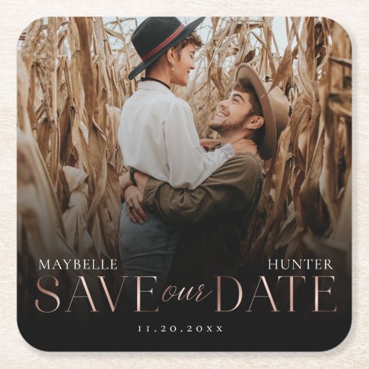 Sla onze datum op | Zwart & Roos Goud Paar Foto Kartonnen Onderzetters (Voorkant)