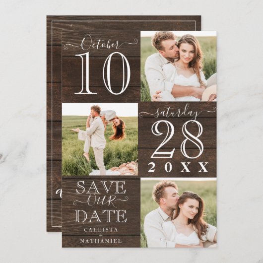 Sla onze datum roestige houten monogram foto op save the date (Voorkant / Achterkant)