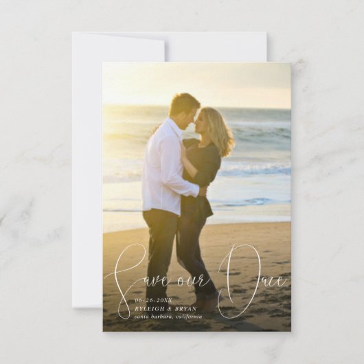 Sla onze datum verfijnde lijnen vloeiend penscript kaart (Voorkant)