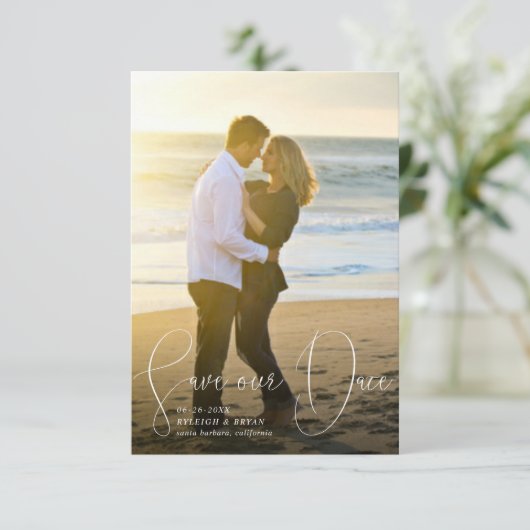 Sla onze datum verfijnde lijnen vloeiend penscript kaart (Staand voorkant)