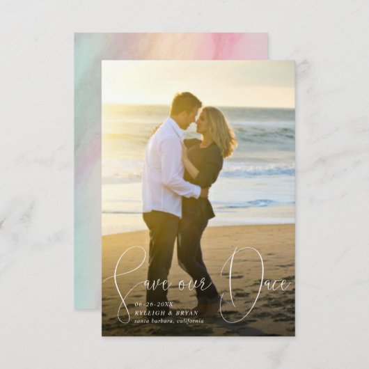 Sla onze datum verfijnde lijnen vloeiend penscript kaart (Voorkant / Achterkant)