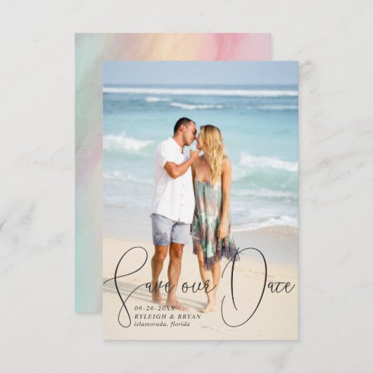 Sla onze datum verfijnde lijnen vloeiend penscript kaart (Voorkant / Achterkant)