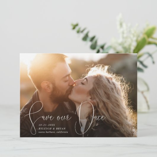 Sla onze datum verfijnde lijnen vloeiende pennenst kaart (Staand voorkant)