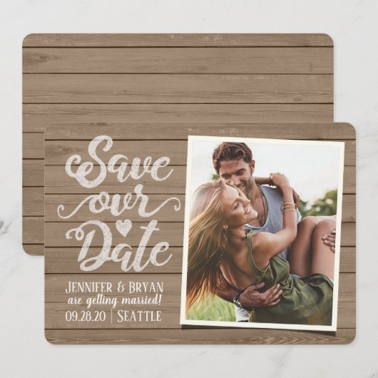Sla onze datumbruiloft op | Foto van Rustic Wood Kaart (Voorkant / Achterkant)