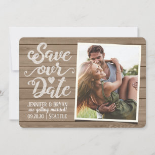 Sla onze datumbruiloft op Foto van Rustic Wood Kaart