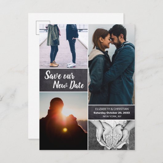 Sla Onze NIEUWE Datum Bruiloft Briefkaarten met Mo (Voorkant / Achterkant)