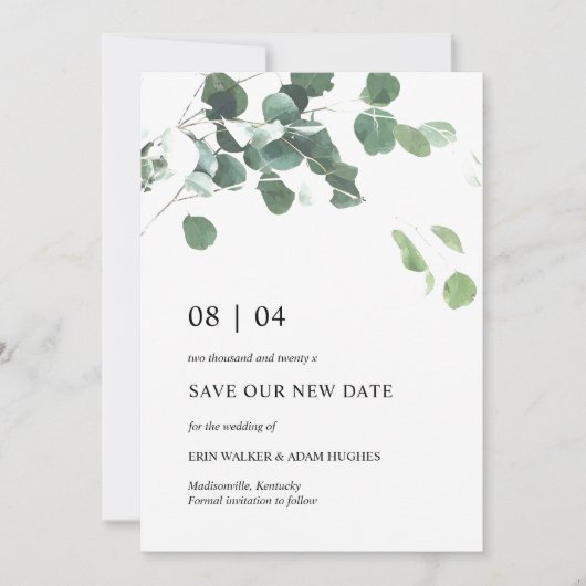Sla onze nieuwe datum Eucalyptus Leaves Wedding Ka Save The Date (Voorkant)
