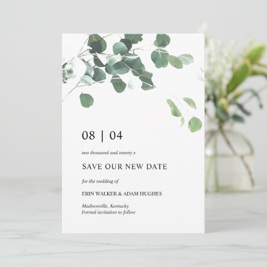 Sla onze nieuwe datum Eucalyptus Leaves Wedding Ka Save The Date (Staand voorkant)