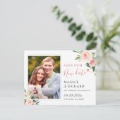 Sla onze nieuwe datum op Blush Pink Chic Floral Fo Briefkaart (Staand voorkant)