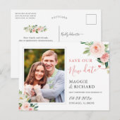 Sla onze nieuwe datum op Blush Pink Chic Floral Fo Briefkaart (Voorkant / Achterkant)