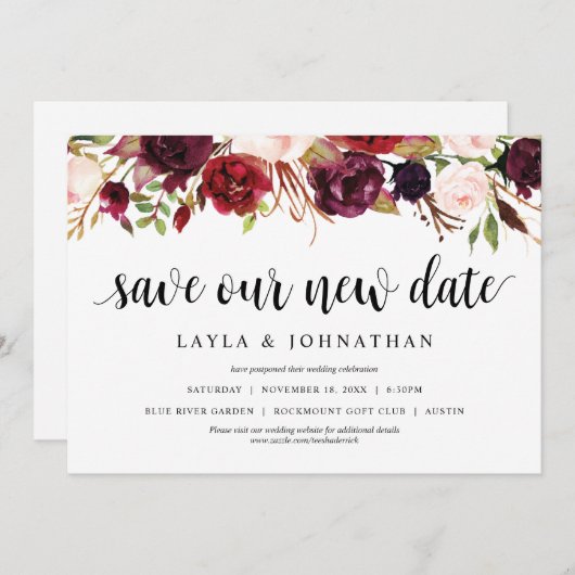 Sla onze nieuwe datum op, bruiloft Verander de dat Kaart (Voorkant / Achterkant)