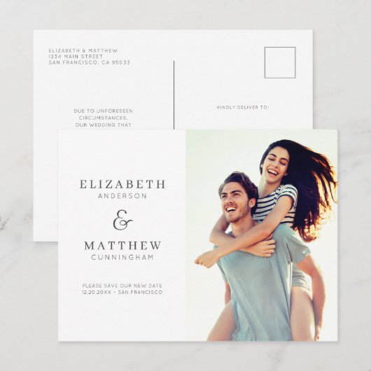 Sla onze nieuwe datum op Minimalistische aangepast Aankondigingskaart (Voorkant / Achterkant)