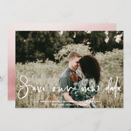 Sla onze nieuwe datum wijziging van de plannen bru save the date (Voorkant / Achterkant)