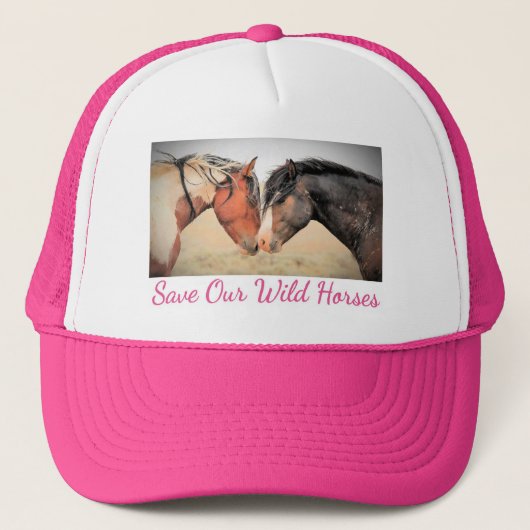 Sla onze wilde paarden warm roze op trucker pet (Voorkant)