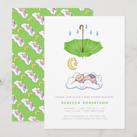 Slaande babymeisje shower groene paraplu kaart (Voorkant / Achterkant)