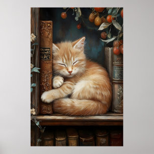 Slaande Kater op Boeken Print, Donkere Academie Poster