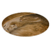 Slaande oranje tabby in wasmand snijplank (Hoek)